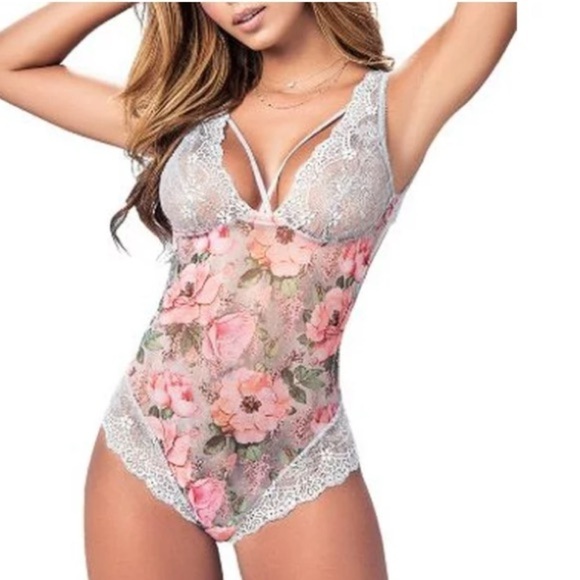 NWT Mapale Teddy Lace Floral Bodysuit in Shoreline Grey Blossom - Picture 4 of 5